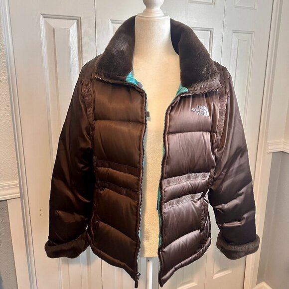 The North Face Women’s Puffer Jacket – Brown Faux Fur Lined – Size Large - Picture 1 of 8